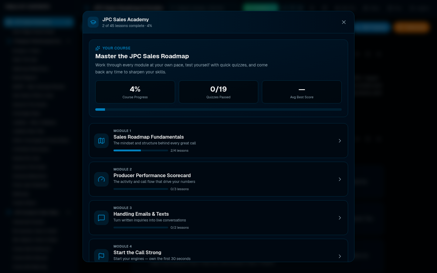JPC Scripts interactive Sales Academy showing 19 modules with progress tracking